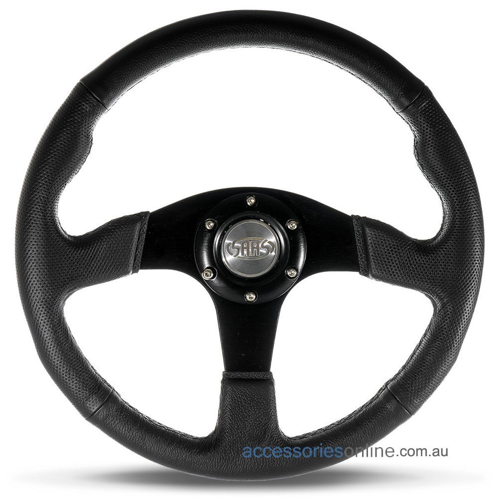 (14") LEATHER, Black Spokes, Sports Steering Wheel by SAAS