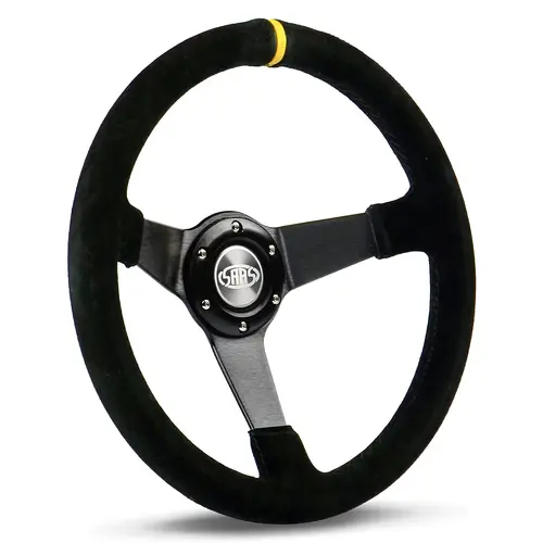 (14") SUEDE, DEEP DISH, "Drifter", Black Spokes, Grip Indicator, Sports Steering Wheel by SAAS