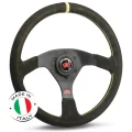 (14") SUEDE, Sprint, Black Spokes, Yellow Stitch, Italian Sports Steering Wheel by SAAS