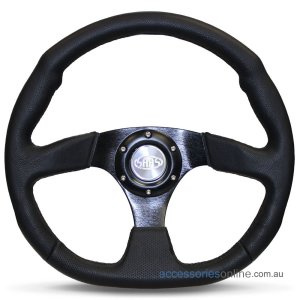 14" LEATHER Flat Bottom, Black Spokes, sports steering wheel by SAAS