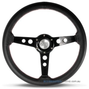 14" LEATHER w/ Red stitching, Black Spokes, Retro sports steering wheel by SAAS