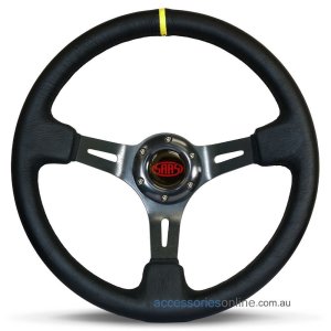 14" LEATHER DEEP DISH, Black Slotted Spokes, sports steering wheel by SAAS