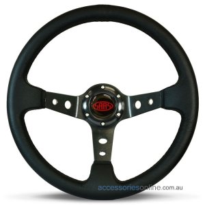 14" LEATHER DEEP DISH, Black Spokes w/ Holes, GT sports steering wheel by SAAS