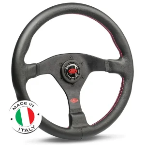 (14") LEATHER, Lusso, Black Spokes, Red Stitch, Italian Sports Steering Wheel by SAAS