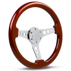 (14") WOOD, Chrome Spokes, Chrome Horn Button, Logano Sports Steering Wheel by SAAS