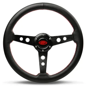 (14") LEATHER, Red Stitching, Retro, Black Spokes, Sports Steering Wheel by SAAS