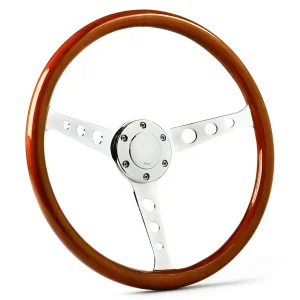 (15") WOOD, Dished, Chrome Hole Spokes, Sports Steering Wheel Classic Series by SAAS