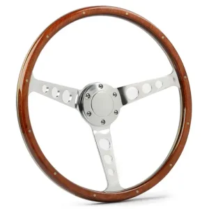 (15") WOOD with RIVETS, Dished, Polished Alloy Hole Spokes, Sports Steering Wheel Classic Series ...