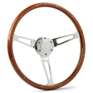 (15") WOOD with RIVETS, Dished, Polished Alloy Slotted Spokes, Sports Steering Wheel Classic Seri...
