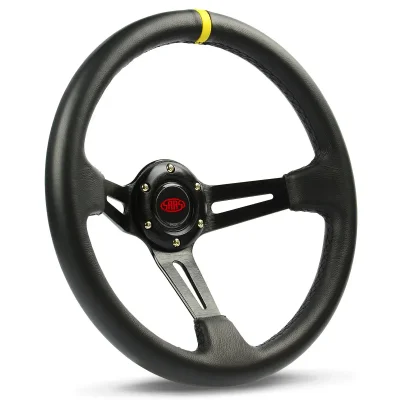 (14") LEATHER, DEEP DISH, Black Slot Spokes, Grip Indicator, Sports Steering Wheel by SAAS