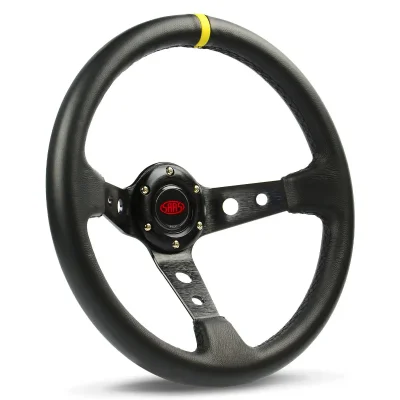 (14") LEATHER, DEEP DISH, Black Hole Spokes, Grip Indicator, GT, Sports Steering Wheel by SAAS